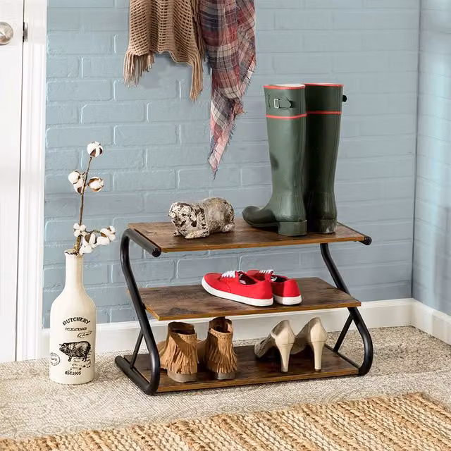 Livingandhome Industrial 3-Tier Metal and Wood Shoe Rack in Brown and Black