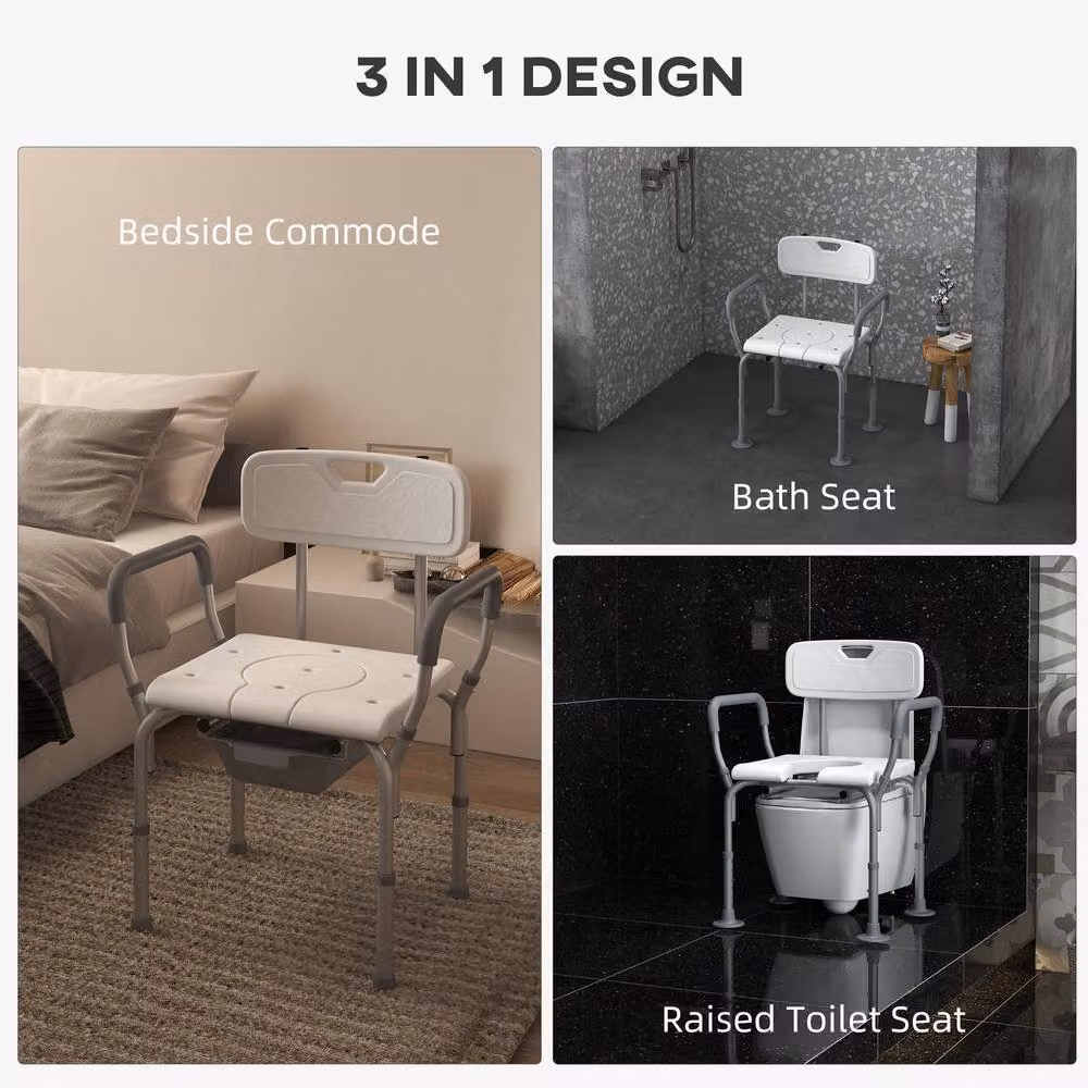 HOMCOM 3 in 1 Height Adjustable Shower Chair with Back and Arms in White – 3