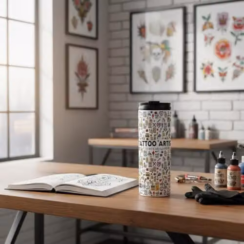 Purely Home Tattoo Artist Novelty Travel Flask, Reusable Stainless Steel Tumbler, Multicoloured and White, 500ml – 2