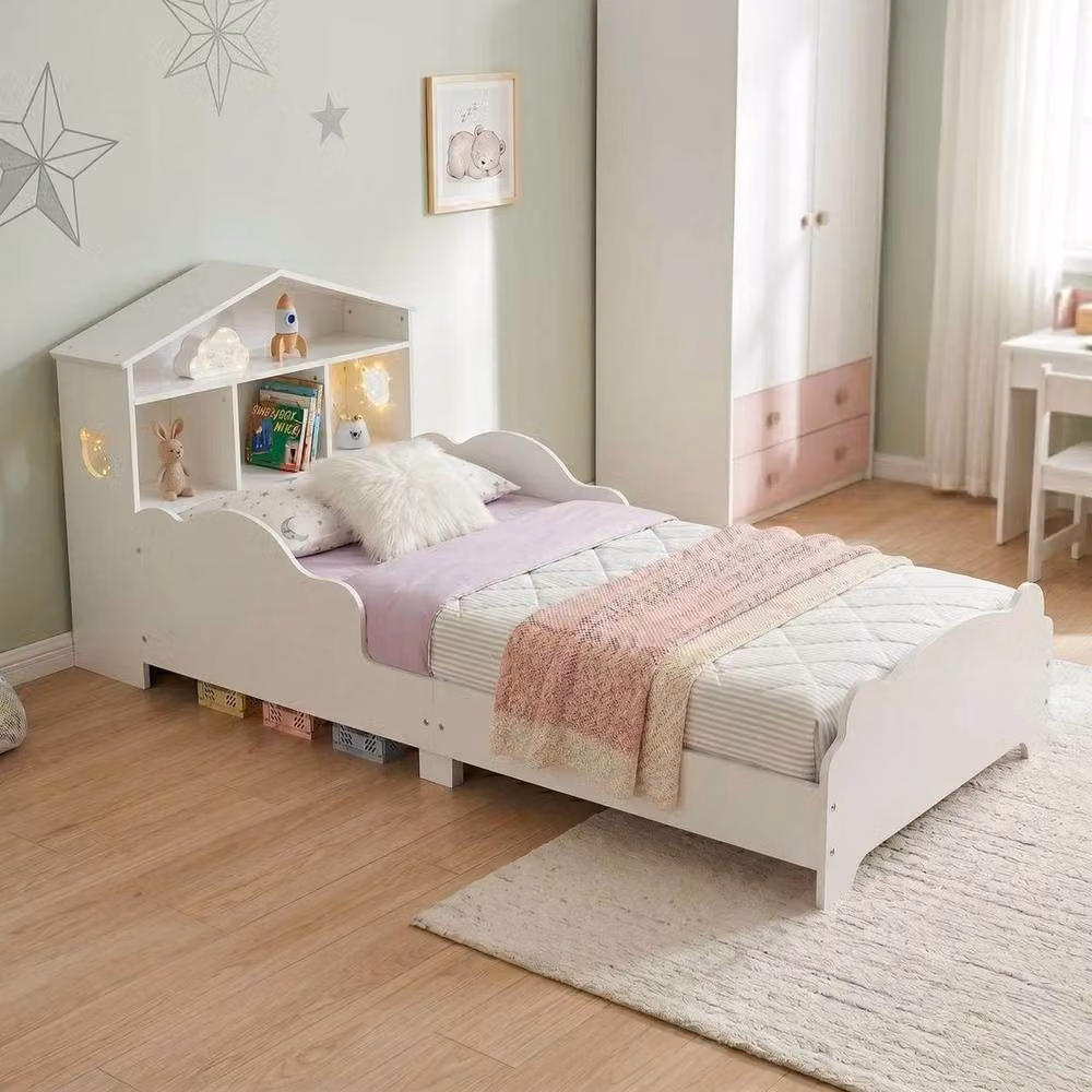 PAWNORA Solid Wood Toddler Bed Frame with House Frame and Side Compartments in White – 4