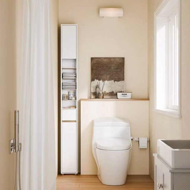 SoBuy Slim Tall Bathroom Cabinet in White MDF with Hinged Doors and Internal Shelves, Height: 180 cm – 1