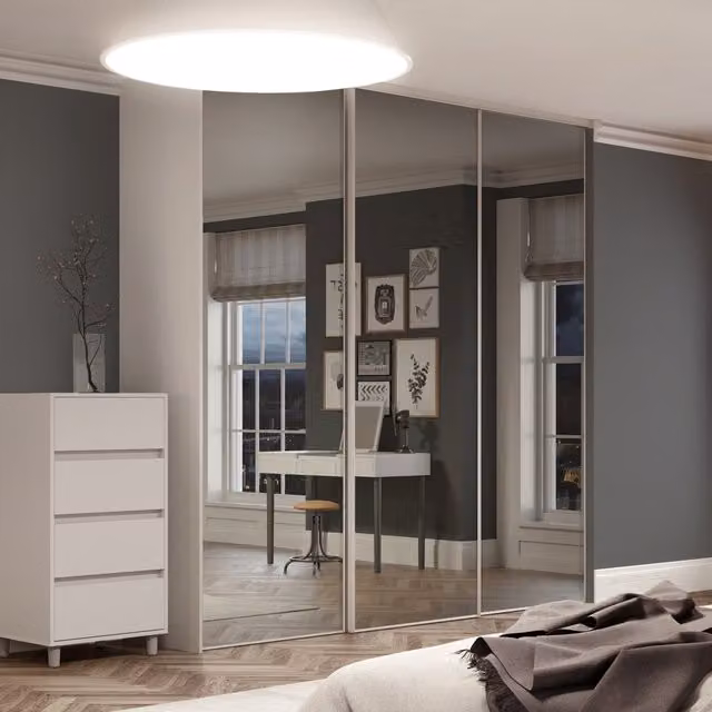 Spacepro Classic Mirror Sliding Wardrobe Door Kit in Dove Grey, 3 Pack