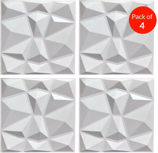 ENER-J 3D PVC Wall Panel with Faceted Diamond Design in White, Pack of 4, W: 50 x 50 cm, D: 0.1 cm – 1