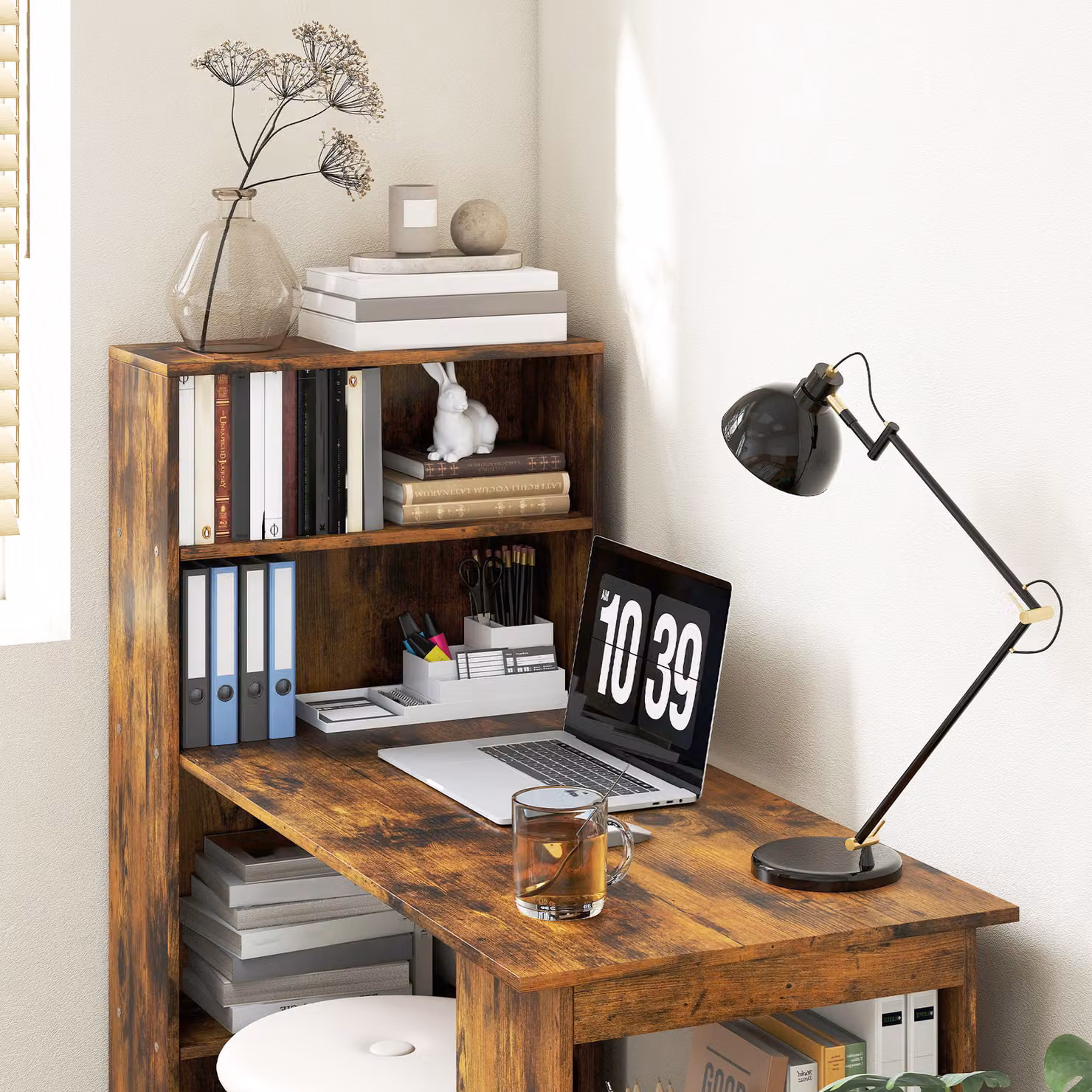 HOMCOM Rustic Brown Wood-Effect Computer Desk with 6-Tier Storage Bookshelves, Width: 120 cm – 6