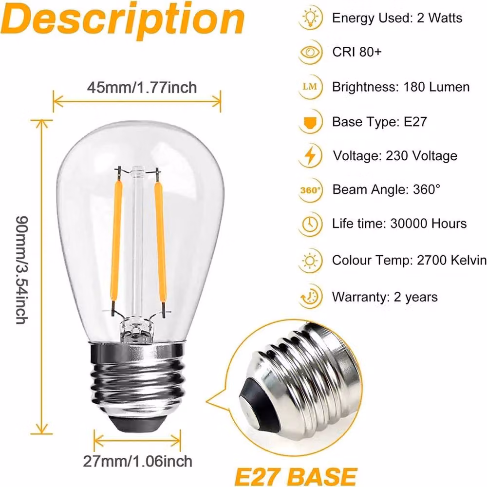 VOGREX 30m Mains Powered LED Festoon String Lights with Warm White Transparent Glass Bulbs – 2
