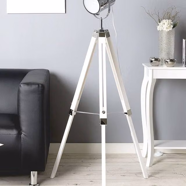 Wyld and Coco Industrial Tripod Floor Lamp with White Cylindrical Shade and Chrome Metal Accents, Height: 143 cm – 1
