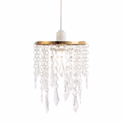 Happy Homewares Modern Waterfall Easy Fit Pendant Shade with Gold Metal Ring and Transparent Acrylic Droplets, Diameter: 16 cm