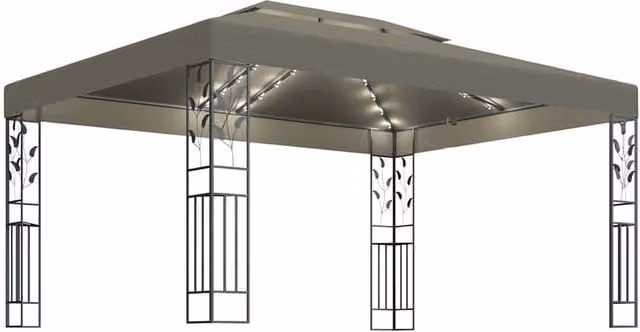 Berkfield Home Double Roof Gazebo with LED String Lights, Beige, W: 4.0 m, D: 3.0 m, H: 3.0 m – 1