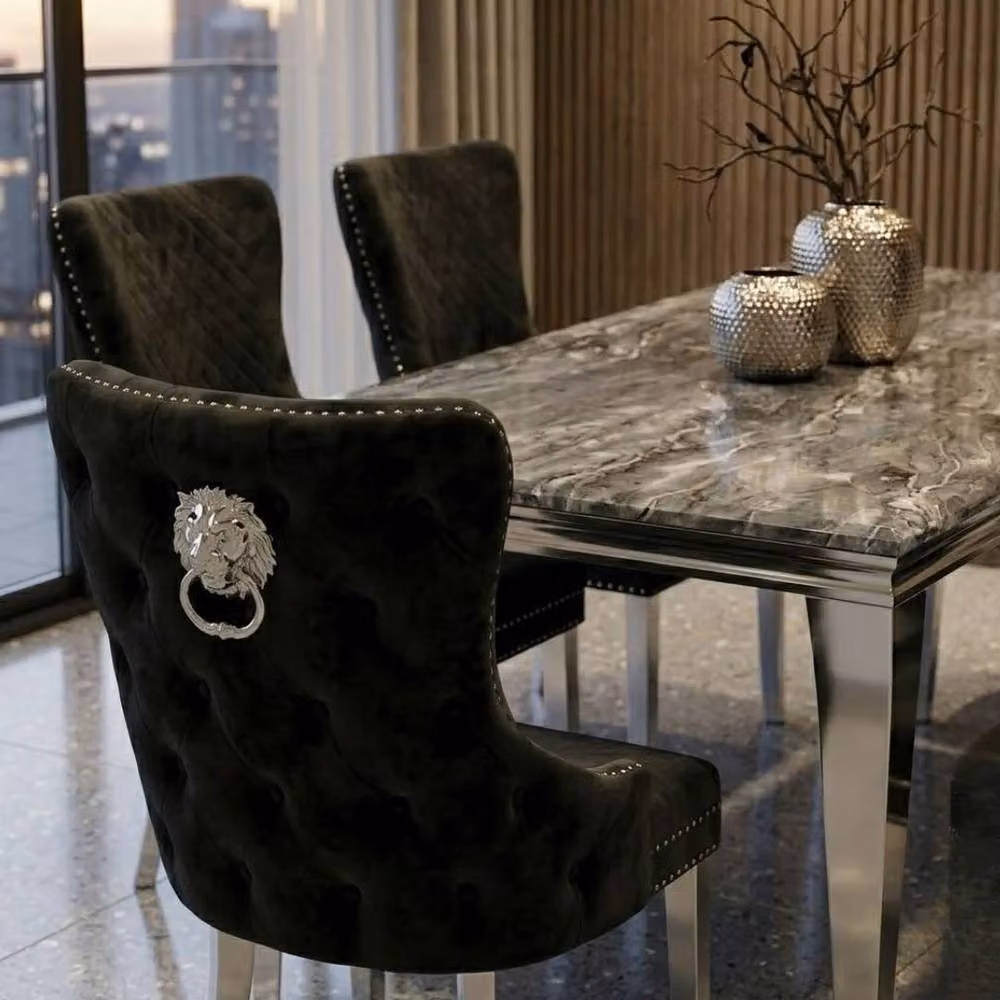 Home Luxe Interior Sofia Grey Marble Dining Table and 6 Victoria Black and Silver Chairs – 6