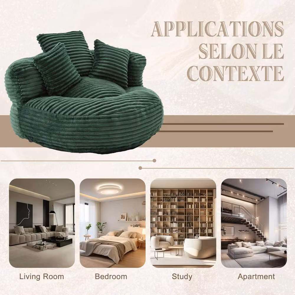 Matteo Large Emerald Green Corduroy Bean Bag Chair with Shredded Memory Foam and High-Back Design – 4
