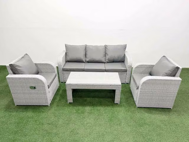 Fimous PE Rattan Garden Furniture Set in Light Grey with 3-Seater Sofa, Reclining Armchair, and Coffee Table