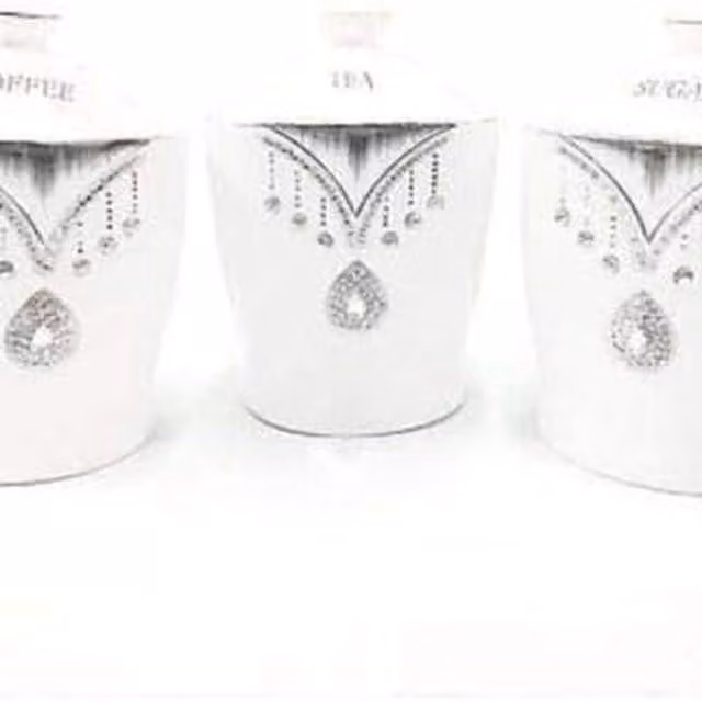 DEENZ Set of 3 White Floral Sparkle Crystal Diamond Element Airtight Tea Coffee Sugar Storage Canisters, W/D/H: 17 x 13 x 13 cm