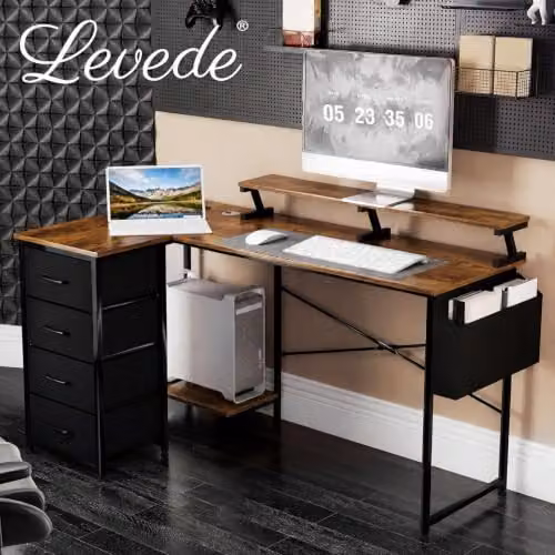 Levede L Shaped Corner Desk with Storage, Drawers, Charging Station and Ergonomic Monitor Stand, Walnut, W: 140 cm, D: 80 cm, H: 87 cm – 4