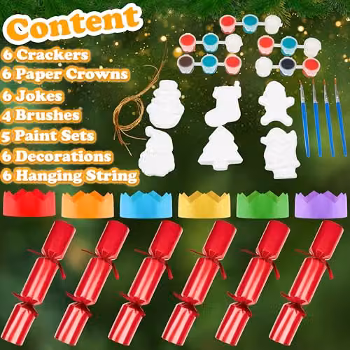 KreativeKraft Luxury Christmas Crackers Pack of 6 with Paint Your Own Tree Decorations in Red and Multicolour – 6