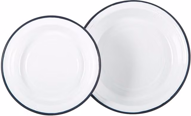 Argon Tableware Set of 2 White Enamel Deep Bowls with Navy Blue Stainless Steel Accents