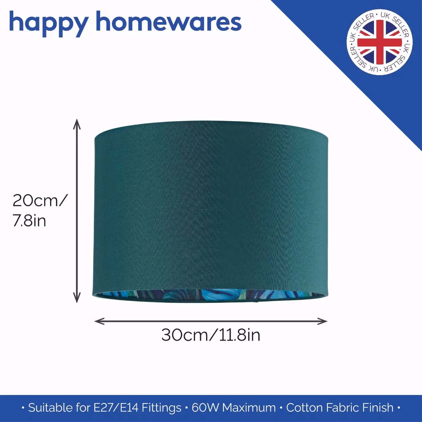 Happy Homewares Forest Green Cotton Fabric Cylinder Lamp Shade with Dark Green Jungle Palm Tree Print, Diameter: 30 cm – 4