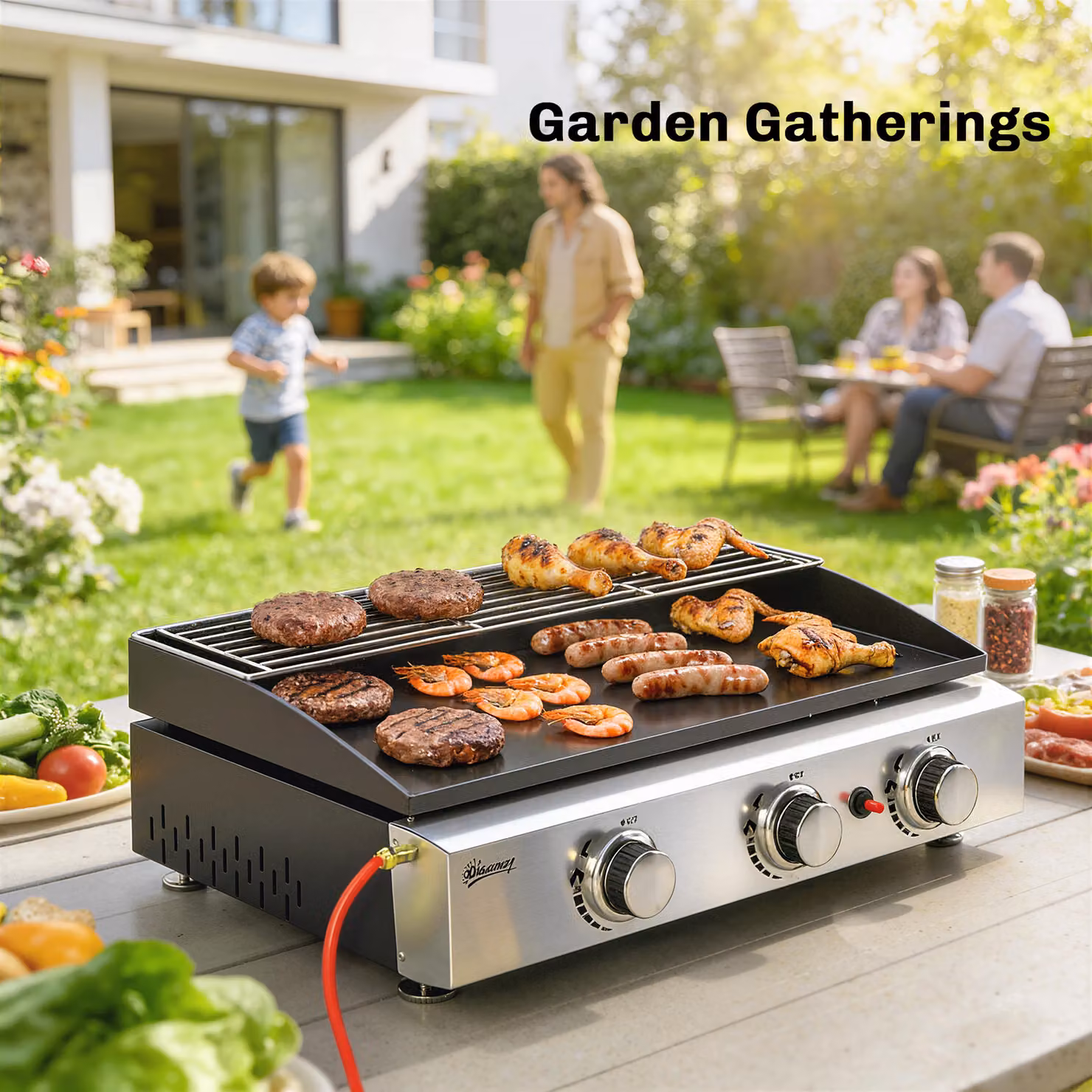 Outsunny 3 Burner Gas Plancha Tabletop Grill Griddle with Warming Rack, 7.5 kW, Black – 9