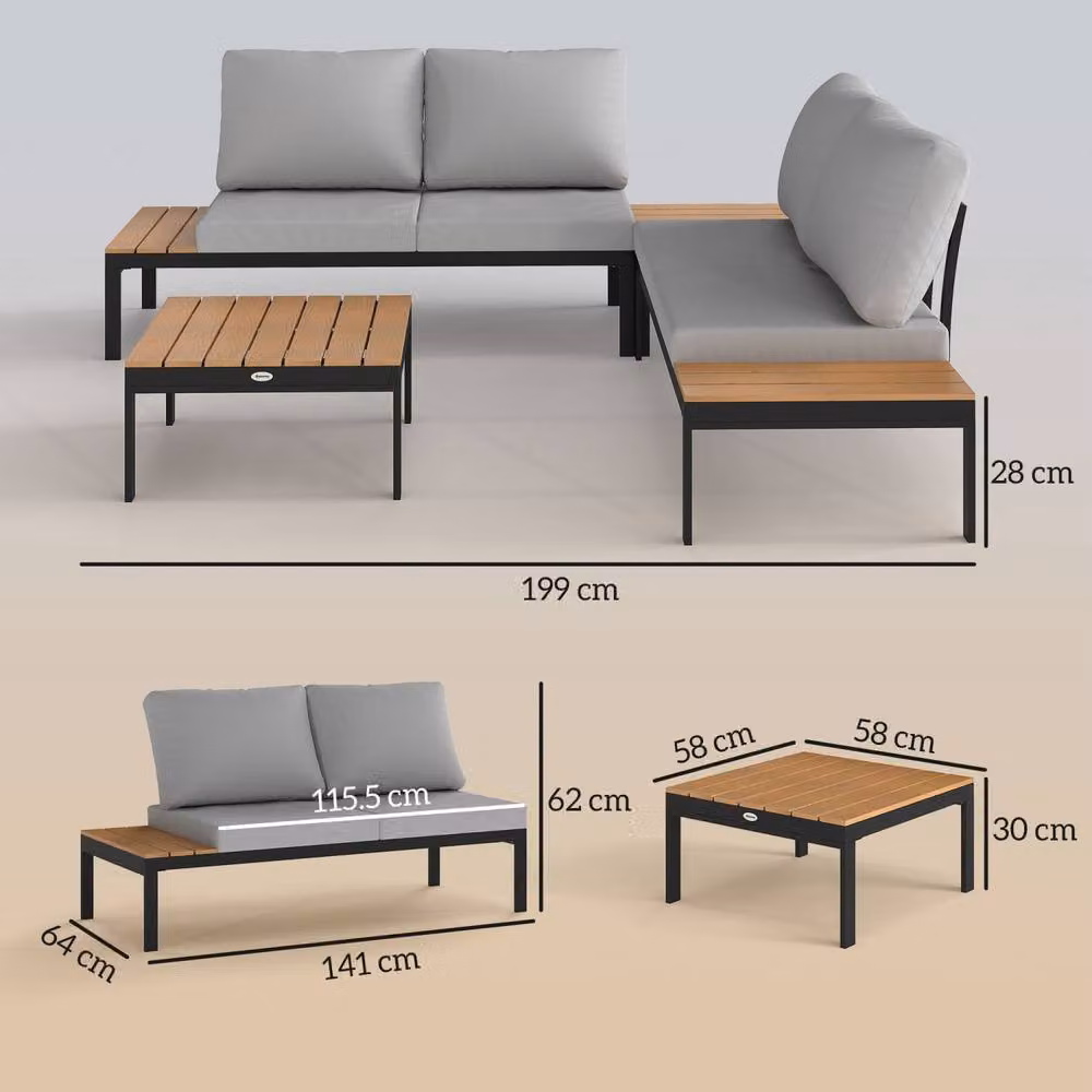 Wyld Haus Matuki Teak Wood 4 Seater Modular Garden Corner Sofa Set with 2 Coffee Tables in Grey and Black – 3