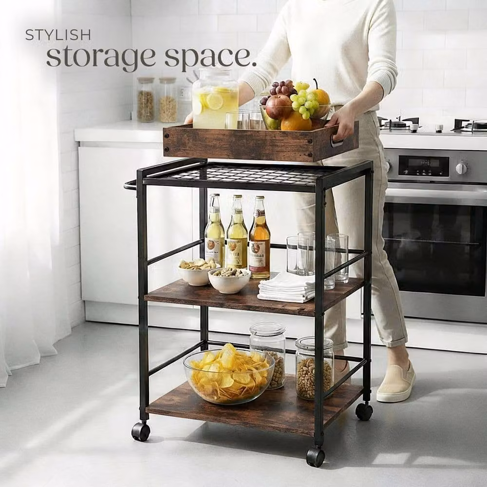 tectake Worcester Drinks Trolley in Brown with Rustic Wood and Metal Finish – 8