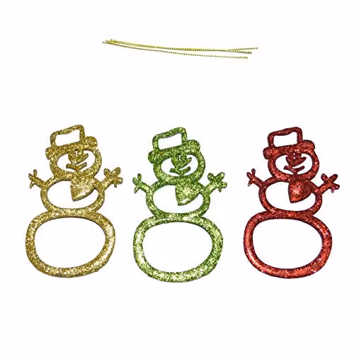 Shatchi 3-Piece Glitter Snowman Hanging Christmas Tree Ornaments in Red, Green, Gold and Multicolour