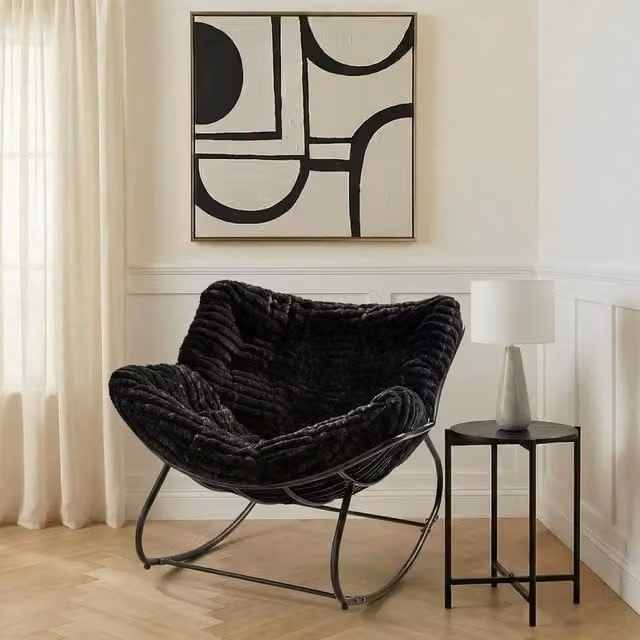 OHS Black Ribbed Faux Fur Rocking Chair with Upholstered Metal Frame – 1