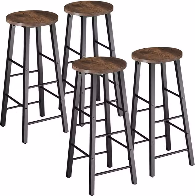 tectake Keynes Industrial Set of 4 Bar Stools in Brown and Black Wood and Metal
