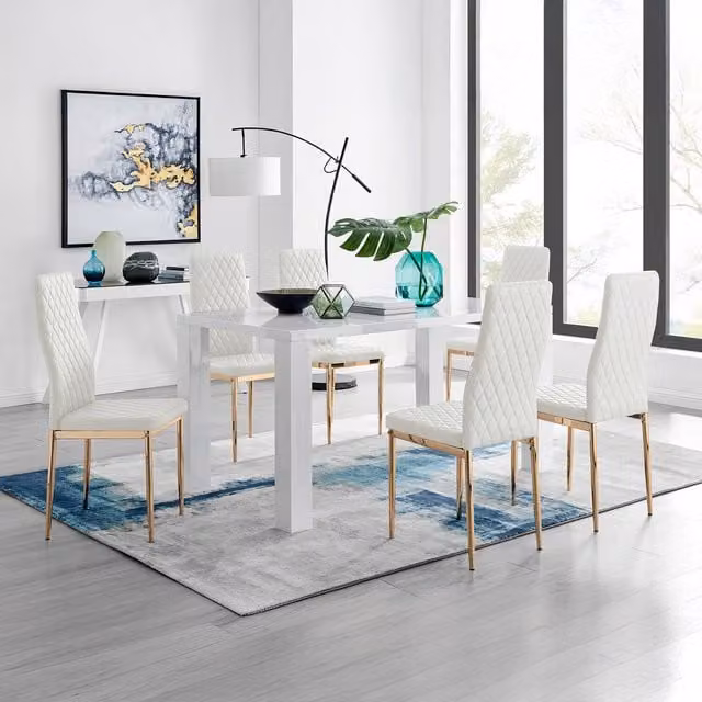 FurnitureboxUK Pivero White Rectangular Dining Table with 6 Milan Chairs in White and Gold