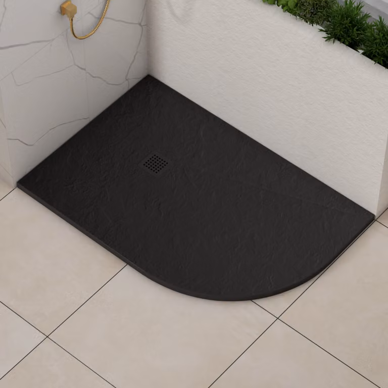 Luxor Offset Quadrant Stone Shower Tray in Black Slate Effect with Black Grate, Right Handed, W/D/H: 120 x 80 x 3 cm