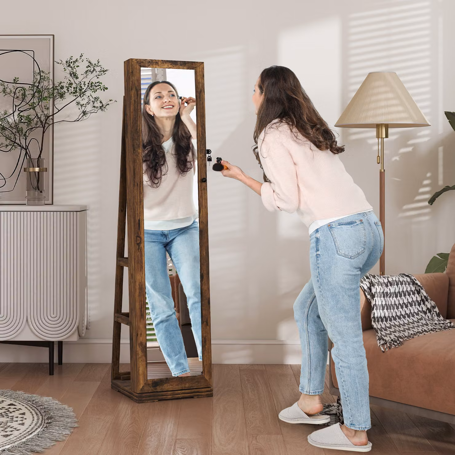 HOMCOM 360 Degree Swivel Jewellery Cabinet with Full Length Mirror and Lockable Organiser in Rustic Brown – 2