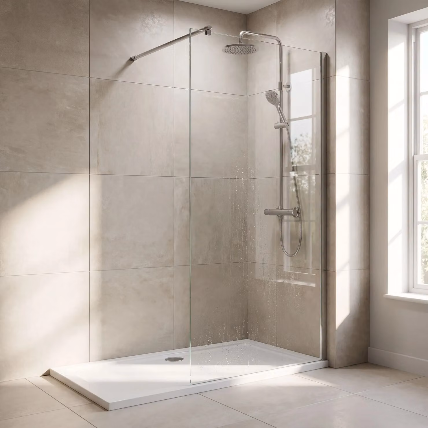 Balterley 8mm Frameless Walk-in Wetroom Screen and Support Bar, Clear Glass, Silver, W: 100 cm, H: 185 cm – 2