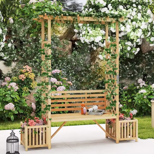 Costway Rustic Brown Treated Hardwood Garden Bench Arbor Arch