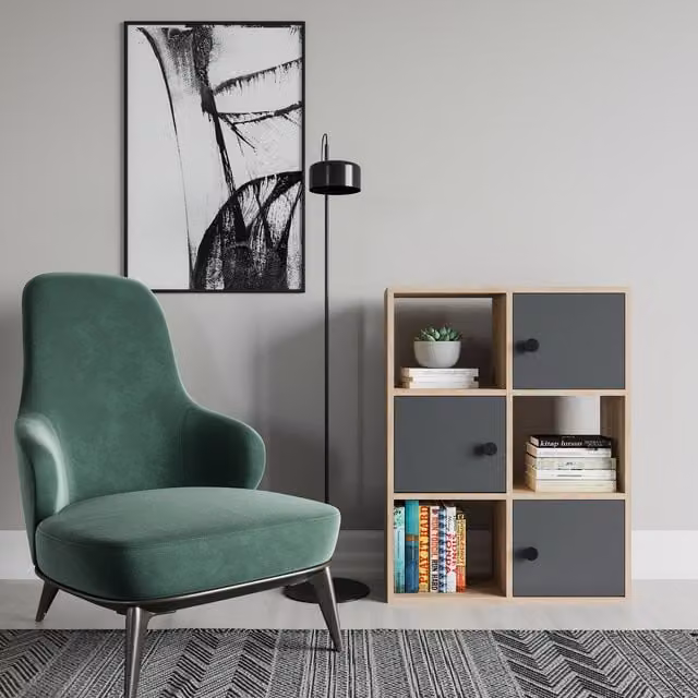 Decorotika Tasso Bookcase with Cabinets in Oak and Anthracite, H 94.0 cm x W 63.5 cm