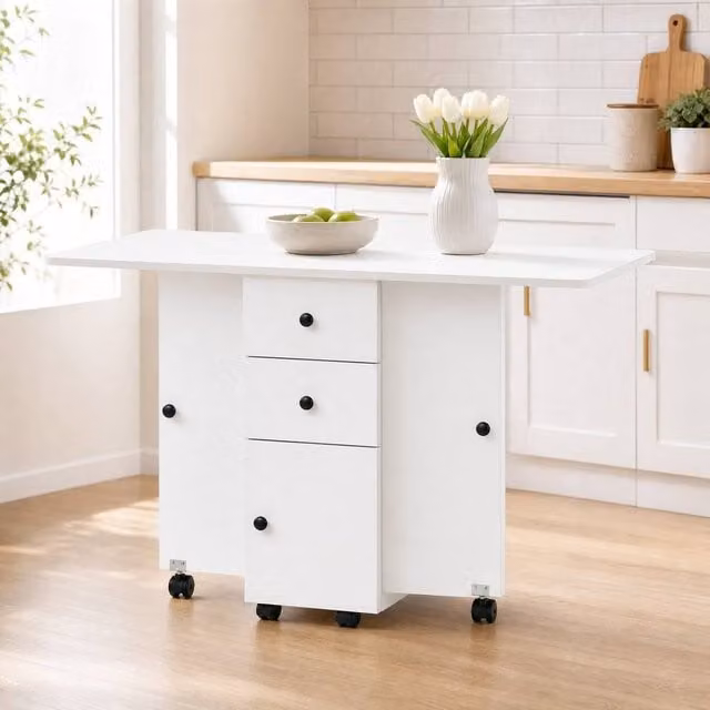 STILVORA White Drop Leaf Dining Table with Storage and Castors