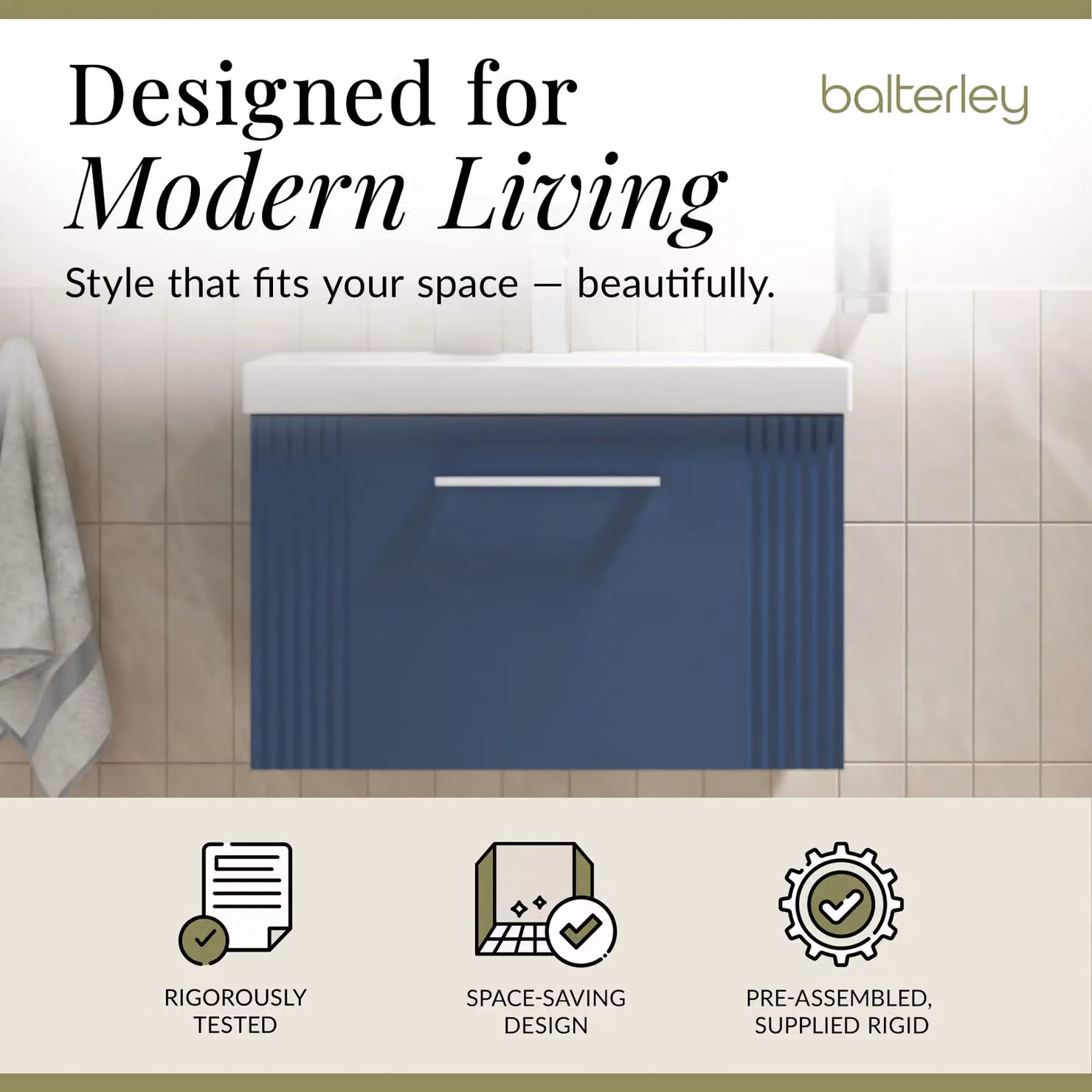 Balterley Wall Hung 1 Drawer Vanity Unit with Thin-Edge Basin, Satin Blue, W: 60 cm, D: 37.7 cm, H: 60 cm – 2