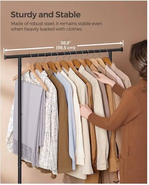 SONGMICS Industrial Metal Portable Clothing Rack with Wheels in Matt Black and Brown