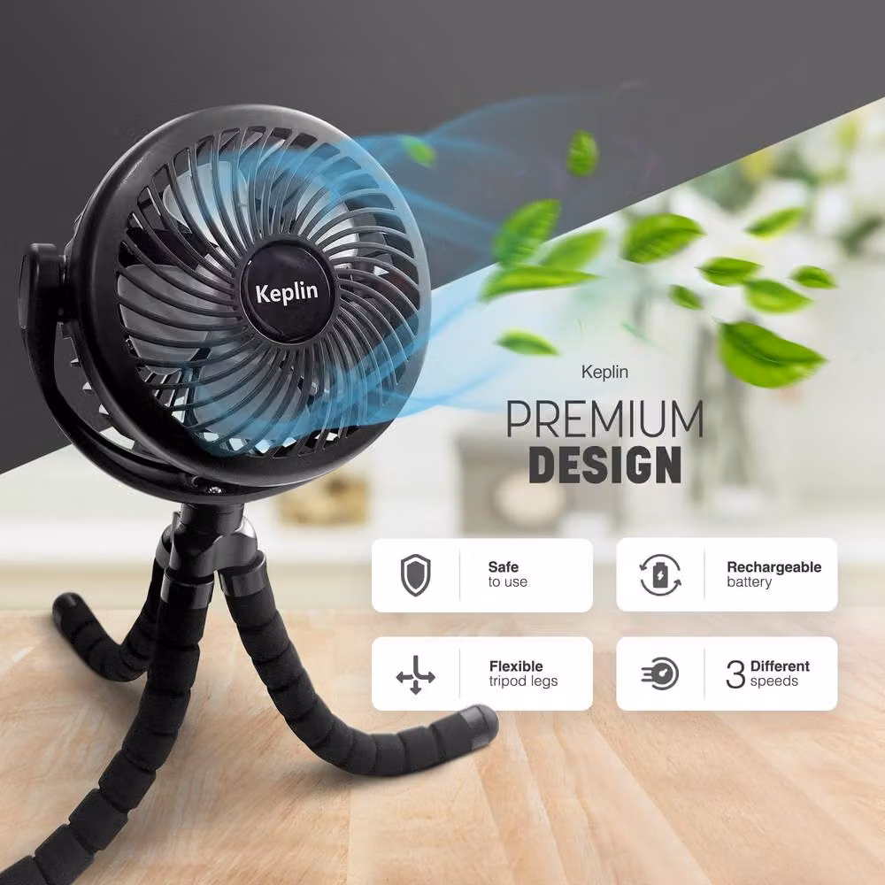 Keplin Portable Rechargeable Mini Stroller Fan in Black with 5000mAh Battery and 3 Speeds – 3