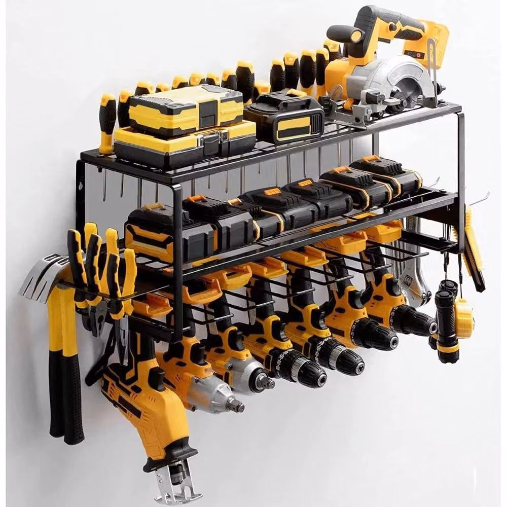 FLAVORA 3-Layer 7-Drill Power Tool Organizer Holder Chest Rack, Black, W: 1000 cm, D: 52 cm – 2