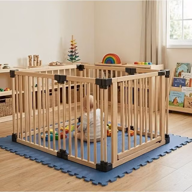 Safetots Hexagonal Wooden Play Den with Soft Foam Play Mat, Dusty Blue and Natural, W/D/H: 180 x 150 x 80 cm