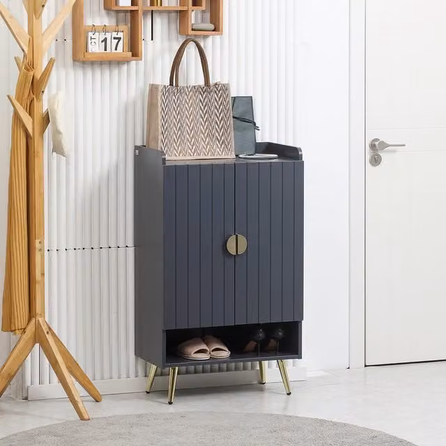 HOMCOM Modern Grey Shoe Cabinet with 2 Hinged Doors and Open Shelf