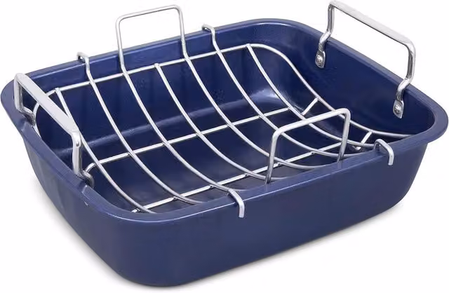Zyliss Non-Stick Carbon Steel Rectangular Roasting Tin with Rack, Blue, W: 40.5 cm, D: 34.0 cm, H: 13.5 cm