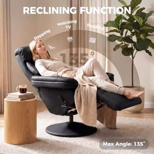 HOMCOM Manual Reclining Armchair in Black Synthetic Leather with 360 Degree Swivel and Integrated Footrest – 4