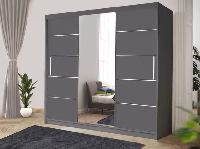 RAC3 Modern Sliding Door Wardrobe with Mirror and Integrated Drawers in Black and Grey, 250 cm Width