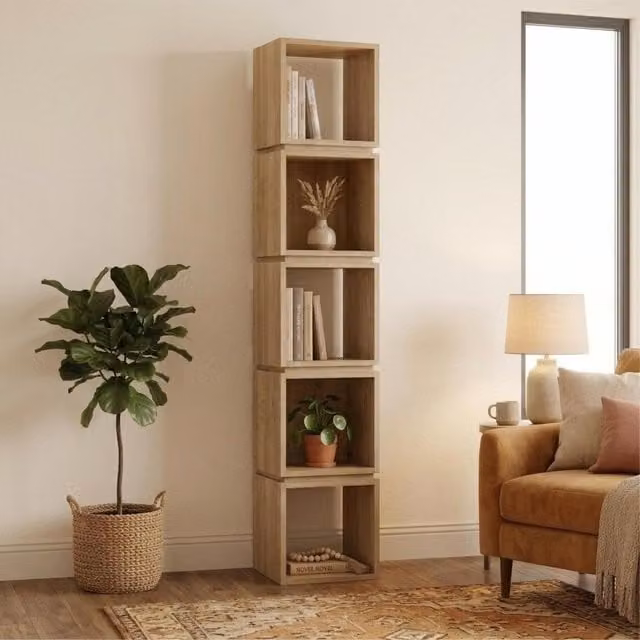 Decortie Multi Five Tier Narrow Bookcase in Oak