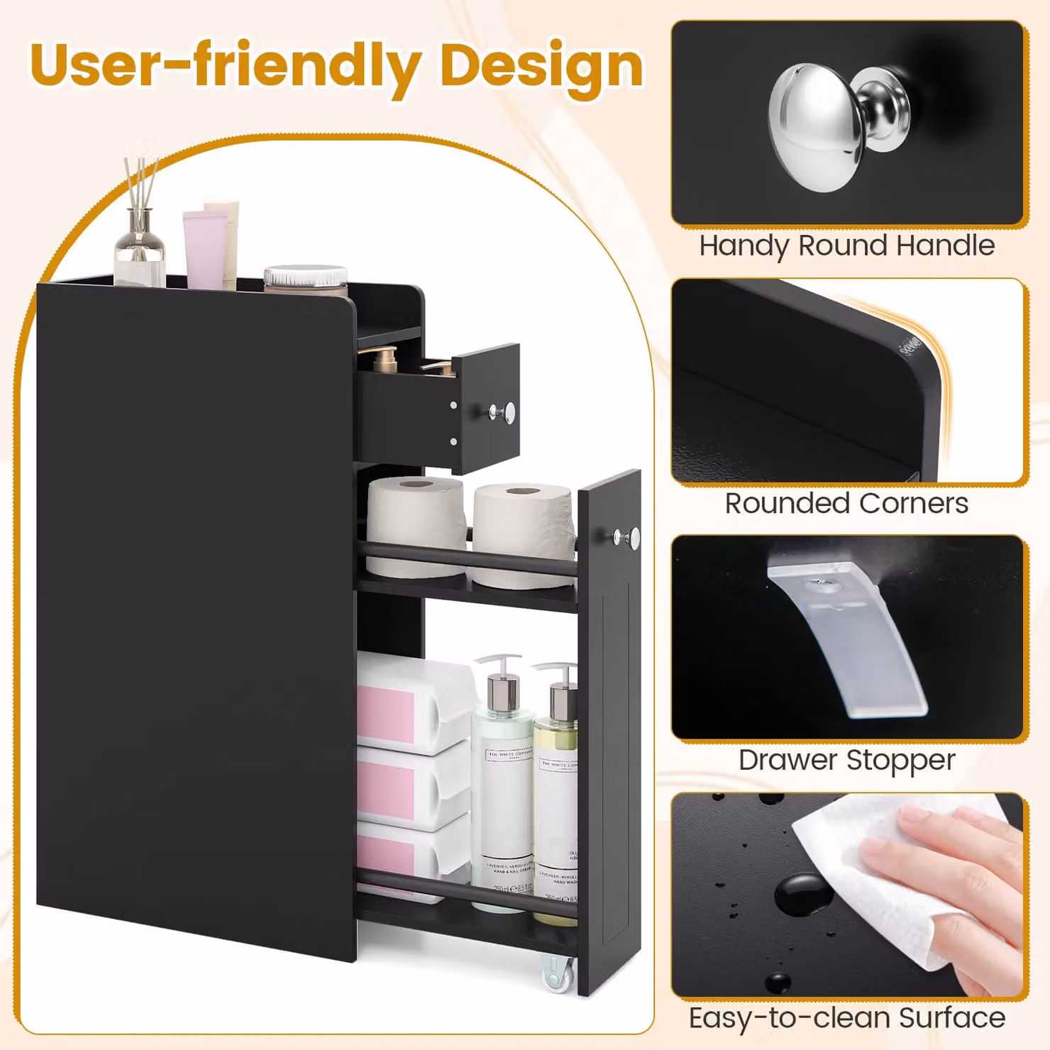 Costway 4-Tier Narrow Bathroom Toilet Side Storage Cabinet with Slide Out Drawers in Black – 3