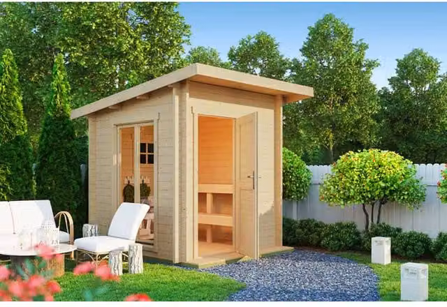 Lasita Maja Ltd Abisko Log Cabin Garden Room and Home Office in Beige, W: 278.1 cm, D: 240 cm, H: 233.7 cm