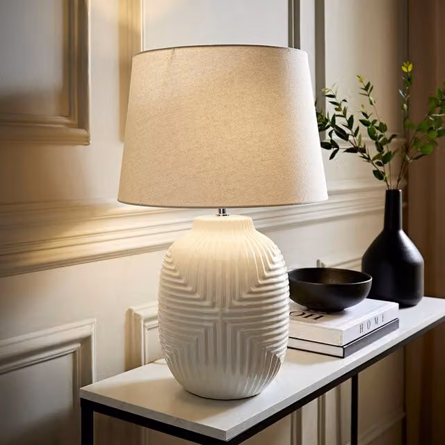 Harrison Large Geo Ribbed Gloss Ceramic Table Lamp with Tapered Fabric Shade and LED Bulb in White