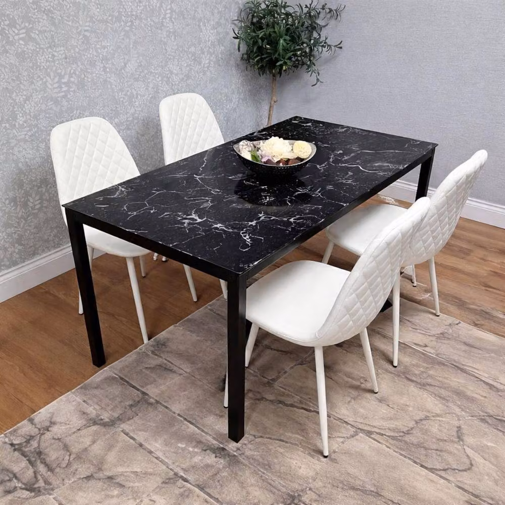 KOSY KOALA Black Marble Effect Rectangular Glass Dining Table with 4 White Faux Leather Chairs – 2
