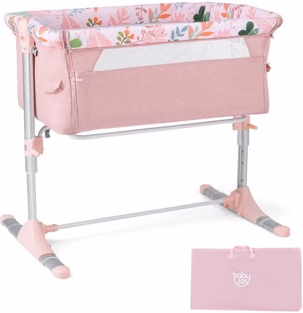 CASART Baby Bassinet Bedside Sleeper Crib with Adjustable Height in Pink Floral – 1
