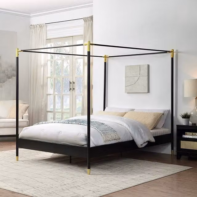 SlumberWorx Modern Matt Black and Gold Metal Canopy Bed Frame, 180 x 200 cm