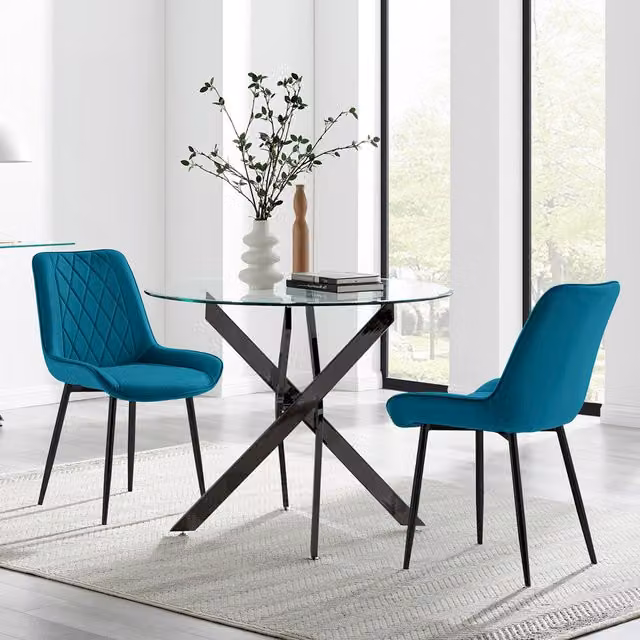 FurnitureboxUK Novara Round Glass Kitchen Dining Table with 2 Pesaro Blue Upholstered Chairs and Black Legs, Diameter: 100 cm